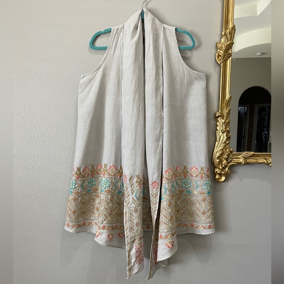 Johnny Was Los Angeles Linen Embroidered Tie Waist Vest Duster Kimono Long Line - Picture 2 of 12